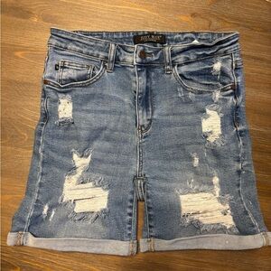 Judy Blue JB150024 Distressed Denim High Waist Cuffed Hem Stretch Shorts SZ L